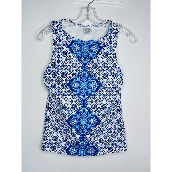 LANDS’ END Tankini Swimsuit Tank Deep Sea Medallion Blue White Size Small (4) - Picture 1 of 5